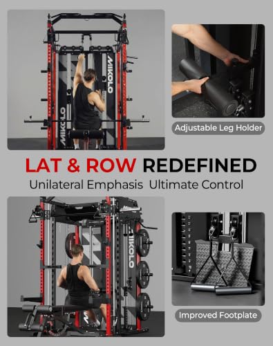 Mikolo Smith Machine with Weight Stack, Power Cage Home Gym System with LAT Pulldown & Cable Crossover, Multi-Functional Trainer with Dual Pulley System, Includes 10+ Free Attachments - color: Red