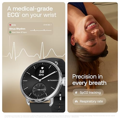 WITHINGS ScanWatch 2 - Hybrid Smart Watch, Heart Rate Monitoring, Fitness Tracker, Cycle Tracker, Sleep Monitoring, GPS Tracker, 30-Day Battery Life, Android & Apple Compatible, HSA/FSA - color: Black, style: Scanwatch 2 - 38mm