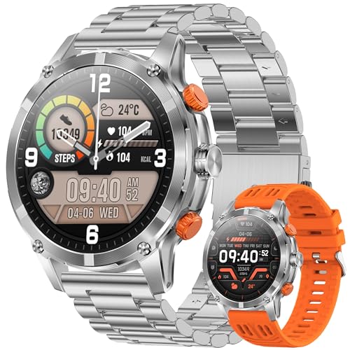 1.7" AMOLED Smart Watch for Men (Make/Answer Call), Mens Smartwatches with Flashlight, 710mAh Battery，Fitness Tracker Smartwatch for Android iPhones, Digital Watches Step Counter, 2 Straps (Silver) - color: Silver