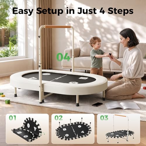 BCAN BT6 56" Double Mini Trampoline for Kids, Foldable Indoor, Handlebar - color: Beige