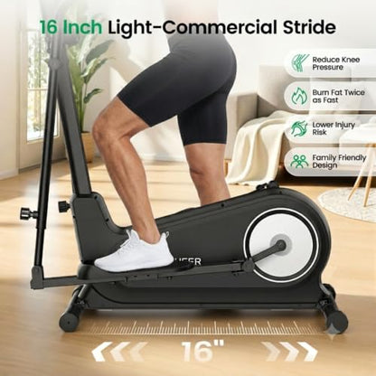 ANCHEER Elliptical Exercise Machine for Home, Foldable Magnetic Elliptical Trainer with 16" Stride, 16 Resistance Levels, Adjustable Pedals, LCD Monitor & Pulse Sensor, 550 LBS Weight Capacity - color: Silver