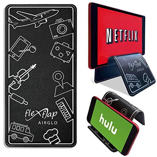 Flex Flap Cell Phone Holder & Flexible Tablet Stand for Airplane Travel, Desk, Bed, Treadmill - Essential Accessories & Cool Gadgets for Flying - color: Black PU Leather
