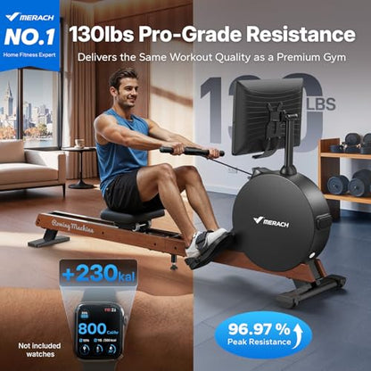 MERACH Pro-Grade Rowing Machines for Home, Smart Magnetic Rowing Machine with Self-Generation, Double Resistance and 400 LBS MAX Load, Wooden Tracks for Silent Sliding - style: R7-HD Screen