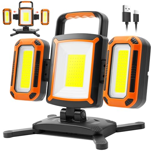 Tresda 5000LM Rechargeable Work Light, 50W Magnetic Portable Shop Work Light with Detachable 2 Flood Lights, 9 Modes, 360° Rotation LED Work Light with Hooks for Mechanic Workshop Garage Camping - color: Orange