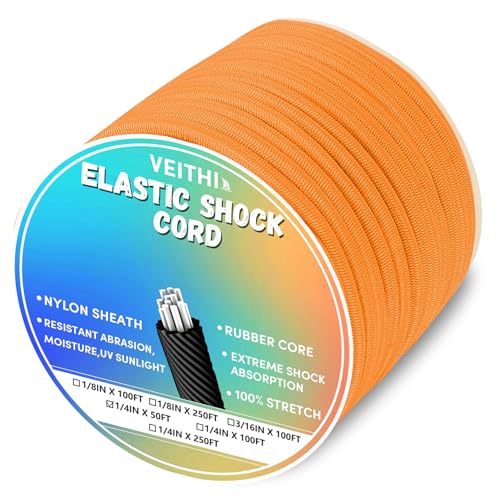 1/4 in x 50 ft Elastic Bungee Shock Cord,Neon Orange Nylon Elastic Rope,Bungee Rope for Camping, Kayak,Decks for Repairing Tent Poles, DIY, Tie Downs - style: 1/4inx50ft Neon Orange