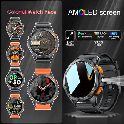 Military Smart Watch for Men, Built-in GPS, 30-day standby, 1.43" AMOLED - color: Black & Orange (2 Bands)