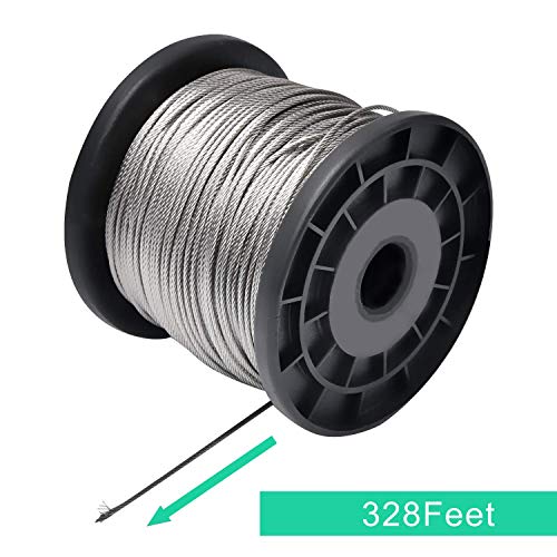 Wire Rope, 1/16 Steel Wire, Stainless Steel 304 Cable, 328FT Length Aircraft Cable with 100pcs Sleeves Stops, 7x7 Strand Core, 368 lbs Breaking Strength Perfect for Outdoor,Yard,Garden or Crafts
