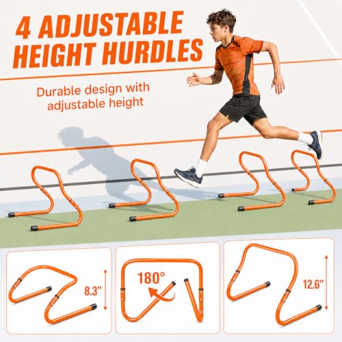 Simple Deluxe Agility Ladder Speed Training Equipment Set, 20ft Speed Ladder, 4 Adjustable Hurdles, Resistance Parachute, 12 Soccer Cones, Jump Rope, Ground Stakes for Football & Fitness - color: Orange