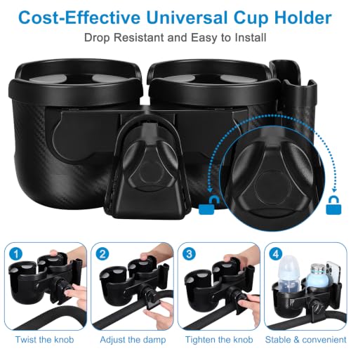 Accmor Stroller Cup Holder with Phone Holder, Bike Cup Holder, Universal Cup Holder for Uppababy Nuna Strollers, 2-in-1 Drinks Holder for Walker, Wheelchair, Scooter - color: Double Holder-All Black Texture