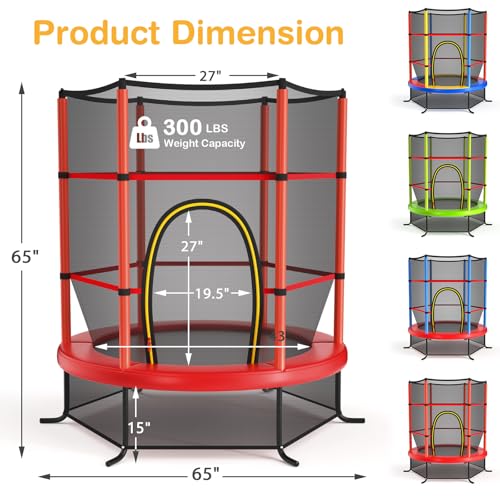 GYMAX Toddler Trampoline, 55” Trampoline for Kids with Bottom-to-Top All-Round Enclosure Net & Seamless Jumping Mat, ASTM Approved Easy Assembly Kids Mini Trampolines Indoor/Outdoor - color: Shine Red