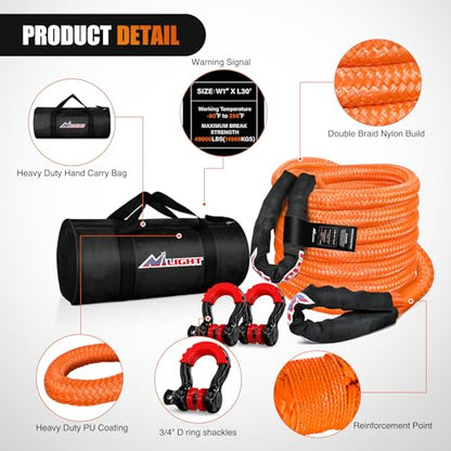 Nilight Kinetic Recovery Rope Kit with D-Ring Shackle Towing Strap - color: 1in x 30ft Rope+2Pcs Anti-Theft D-Ring Shackles