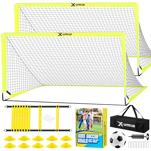 Kids Soccer Goals for Backyard Set of 2, 4 x 3 ft/6 x 4 Toddler Soccer Goal Training Equipment with Soccer Ball, Cones, Pop Up Soccer Net for Kids Age 3-5 4-6 6-8 8-12 10-12 Outdoor Games Sports Gifts - color: Optic Yellow, size: 6' x 4'