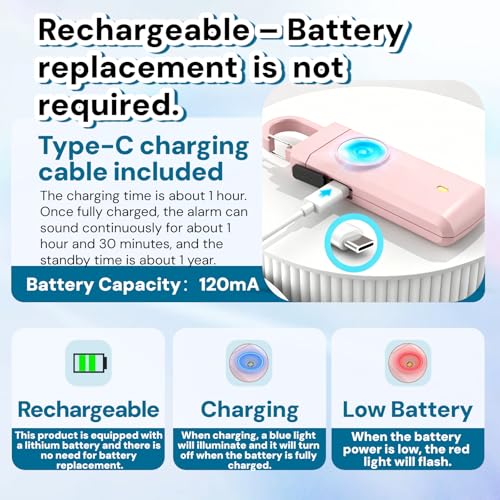 130dB Rechargeable Personal Alarm with Strobe Light & Low Battery Indicator - color: Pink