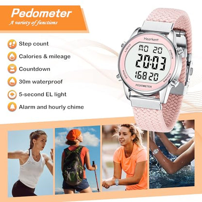 Hearkent Pedometer Watch,Step,Mileage&Calorie Tracker,Large Numbers - color: Pink