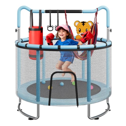 55/60" Trampoline for Kids, 4.5/5 FT Toddler Trampoline with Enclosur Net, Basketball Hoop & Sandbag, 440 LBS Capacity, Adjustable Height，Gifts for Ages 3-12 Boys & Girls - color: Blue, size: 55x55x63 IN