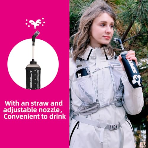 Soft Flask 2 Pack 500ml 16oz Collapsible TPU Water Bottle with Straw, Leak Proof for Hydration Pack Running Vest Hiking Cycling Marathon,Black - color: Rose (With straw) 2XPack