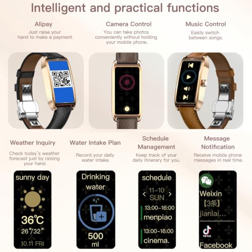 Elegant Smart Watch for Women AMOLED Fitness Tracker with Leather Band - color: Champagne Gold Cherry
