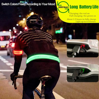 RGB 7 Colors Switchable LED Armband, USB-C Rechargeable, 360° Reflective Running Light for Runners, High Visibility Reflective Running Gear for Joggers Bikers Walkers - color: Green