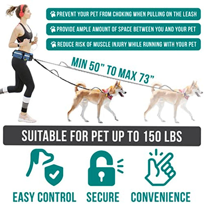 PetAmi Hands Free Dog Leash Belt Bag for Walking, Jogging - Double Zipper Pouch with Poop Bag Dispenser, Dual Padded Handles Reflective Bungee Leash, Single (Navy) - color: Navy, size: 1 Leash