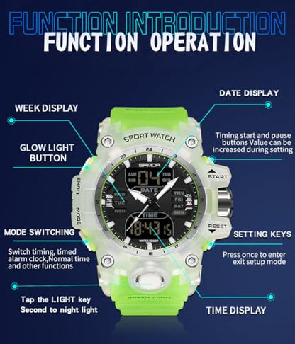FANMIS Men's Analog Digital Sports Watch 50M LED Backlight Military Watch - color: Transparent Green