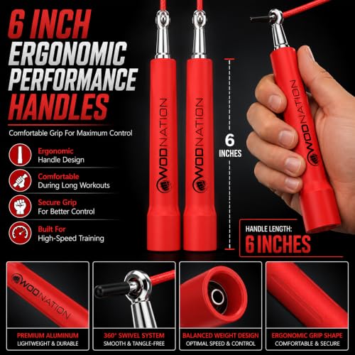 WOD Nation Adjustable Speed Jump Rope For Men, Women & Children - Blazing Fast Fitness Skipping Rope Perfect for Boxing, MMA, Endurance - color: Red