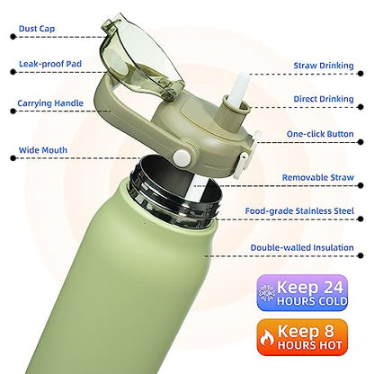 BJPKPK 45oz Insulated Water Bottle with Straw Lid, Stainless Steel Bottle - color: 45 ozLight Green, size: 45 Ounces