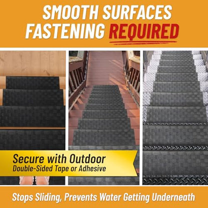 Ottomanson Outdoor Rubber Stair Treads – Ribbed Heavy-Duty Non-Slip Stair Mats – Best Grip on Concrete, Brick & Textured Step – Fastening Recommended for Wooden & RV Steps, Pack of 5 - color: Black Ribbed Squares