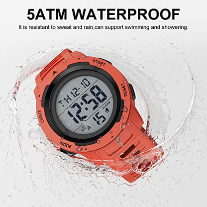 GOLDEN HOUR Mens Waterproof Digital Sport Watches Wide Screen Easy Read Display Military Style with Rubber Strap - color: red