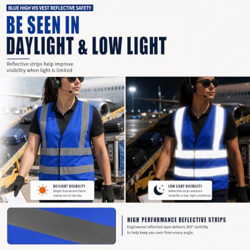 AYKRM 12 colour High visibility viz vest hi vis viz reflective work construction safety vest (XS-8XL) - color: Blue, size: 3X-Large