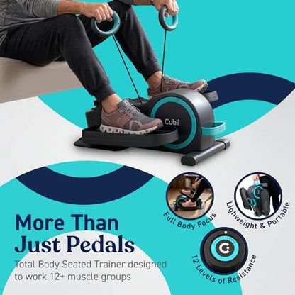 Cubii Total Body Under Desk Elliptical Bike with Built-in Upper Body Resistance Bands | Seated Exercise Machine - Arms + Legs Workout for Seniors & All Ages, 12 Resistance Levels, LCD Display