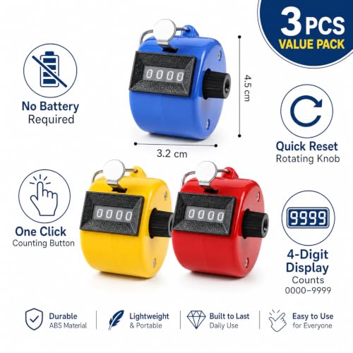 Chedin Handheld Clicker Counter 4-Digit Mechanical Tally Counter,3 Pack with 3pcs Lanyard for Sports,Coaching,Office,Golf,Baseball,Knitting & More,Sports Events Coaching Counting