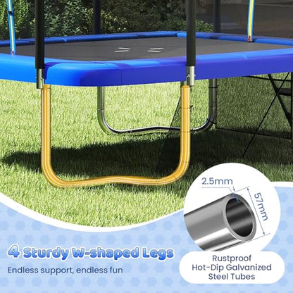 GYMAX Trampoline Outdoor, 10 x 8FT Rectangle Trampoline with Basketball Hoop, Soccer Goal, Anti-Slip Ladder & Shoes Storage, Heavy Duty Backyard Trampolines for Kids & Adults - color: Blue