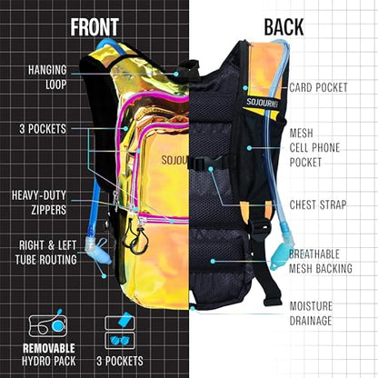 Sojourner Hydration Pack, Hydration Backpack - Water Backpack with 2l Hydration Bladder, Festival Essential - Rave Hydration Pack Hydropack Hydro for Hiking, Running, Biking, Festival Gear - color: Laser Holographic - Pink