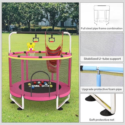Trampoline for Kids, 55 Inch Adjustable Baby Toddler Trampoline with Basketball Hoop, 440lbs Indoor Outdoor Toddler with Enclosure (Blue) - color: Pink