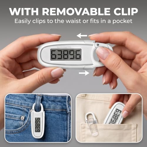 3D Pedometer for Walking, Simple Step Counter with Clip & Carabiner - color: White