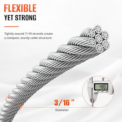 3/16” Stainless Steel Cable 250FT, 304 SS Wire Rope 7x19