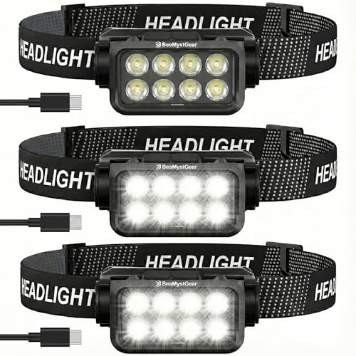 3 Pack Rechargeable Headlamp, 8 LED Head Lamp Flashlight with Motion Sensor, 1000 Lumens USB-C Headlight, Lightweight Waterproof Head Lamp for Adults Camping Running Hiking Fishing Work
