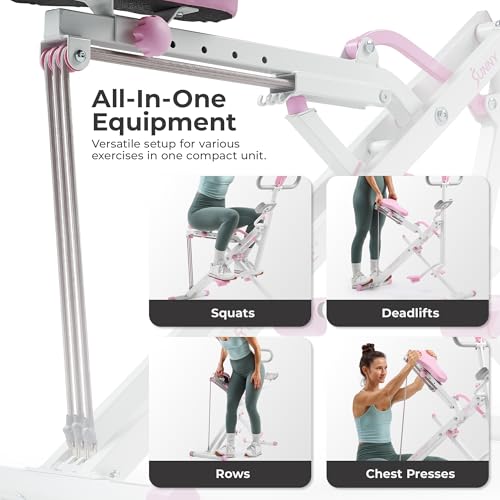 Sunny Health & Fitness Smart Upright Row-N-Ride Trainer w/Adjustable Resistance & 330LB Weight Capacity, Foldable Home Exercise Equipment for Arm, Glute & Leg Training, Free SunnyFit App Connection - color: Pink