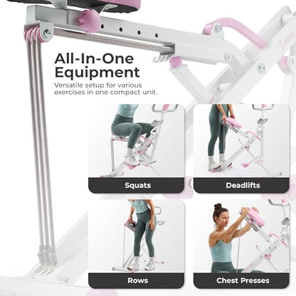 Sunny Health & Fitness Smart Upright Row-N-Ride Trainer w/Adjustable Resistance & 330LB Weight Capacity, Foldable Home Exercise Equipment for Arm, Glute & Leg Training, Free SunnyFit App Connection - color: Pink
