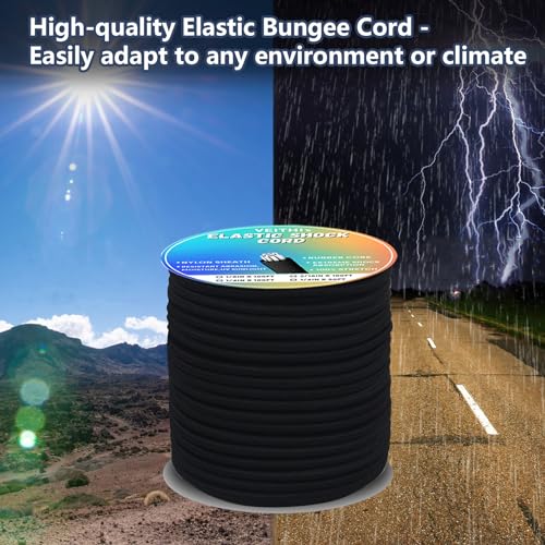Shock Cord 1/4 inch,Black Nylon Elastic Rope,Bungee Rope,Bungee Cord Roll 100 ft-Bungee Shock Cord for Camping, Kayak,Decks for Repairing Tent Poles, DIY, Tie Downs - style: 1/4inx100ft Black