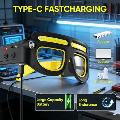 LED Rechargeable Headlight Glasses with Motion Sensor & Touch Control 5 Modes USB C Light Up Glasses Lighted Eyewear - color: Yellow-1