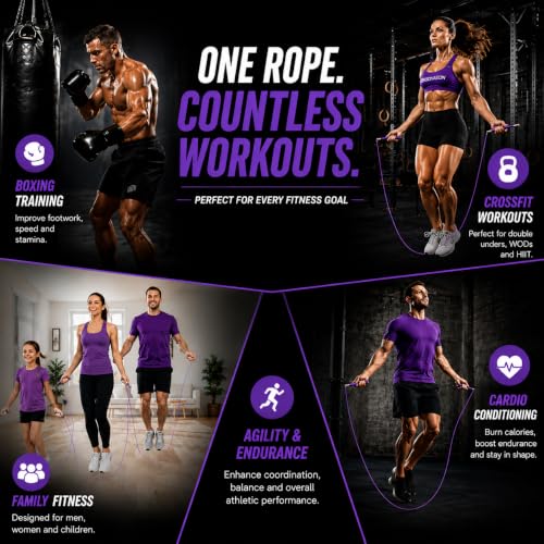 WOD Nation Adjustable Speed Jump Rope For Men, Women & Children - Blazing Fast Fitness Skipping Rope Perfect for Boxing, MMA, Endurance - color: Purple