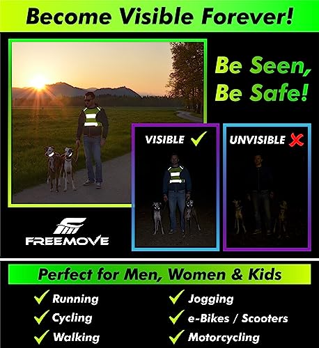 FREEMOVE Reflective Vest - Running Gear + 2 Bands & Bag/Ultralight & Comfy Safety Vests for Running, Walking, Cycling - size: Large