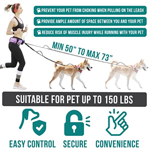 PetAmi Hands Free Dog Leash, Running Leash Belt Bag for Walking, Jogging, Waist Double Zipper Pouch with Poop Dispenser, Dual Padded Handles Reflective Bungee Double, Purple, 2 Leashes - color: Purple, size: 2 Leashes