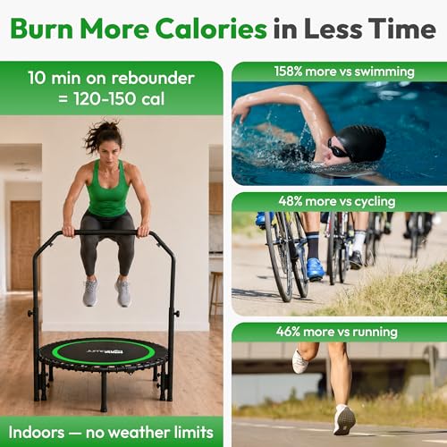 JUMPZYLLA Mini Rebounder Trampoline for Adults, Fitness Trampoline with Bar - color: Green, size: 40"