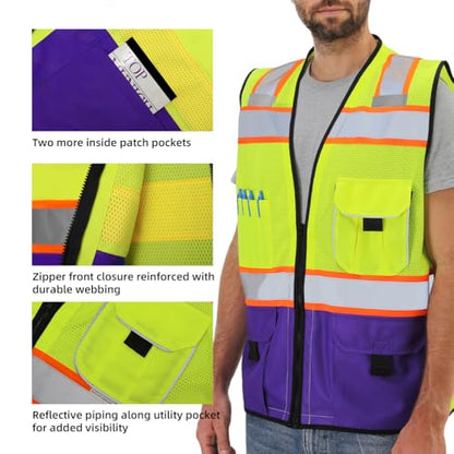 Dib Safety Reflective Safety Vest Made with 3M Tape, Yellow and Purple L - color: Yellow & Purple, size: Large