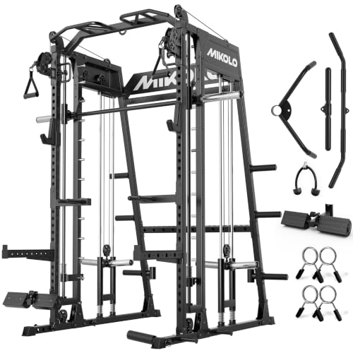 Mikolo M4 2.0 Smith Machine, 2200lbs Squat Rack with LAT-Pull Down System & Cable Crossover Machine, Training Equipment with Leg Hold-Down Attachment - color: Black, size: M4 2.0