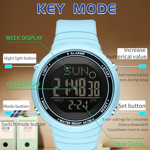 Digital Watch Waterproof Big Numbers 3-Alarms Stopwatch Sports Running Watches for Women Men Minimalist Electronic Wristwatch Easy Read Watch Unisex