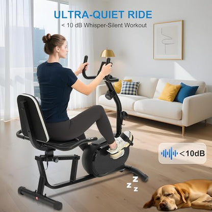 Recumbent Exercise Bike for Seniors & Adults - Quiet Recumbent Stationary Bikes for Home, Bluetooth App, 16-Level Resistance, Adjustable Seat, Supports 380LB, LCD Display & Pulse Sensors