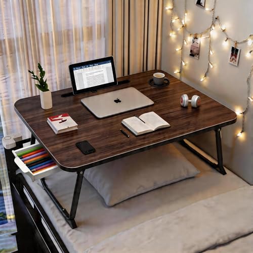 Large Lap Desk with Storage Drawer, Holders for Cup and Tablet, Tray Table with Foldable Legs, Laptop Bed Stand, Portable Standing Table for Sofa Couch Floor(27.6", Black Walnut) - color: Black Walnut